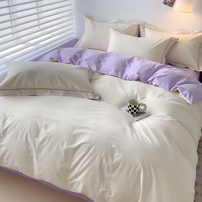 91家纺网 家纺一手货源 找家纺 锦彩家居 2026新款40支正宗13372双拼纯色全棉四件套酒店宾馆民宿学生三件套（可定制）标准号的床单是圆角吊边；小号和加大的床单都是直角 奶昔白-浅紫
