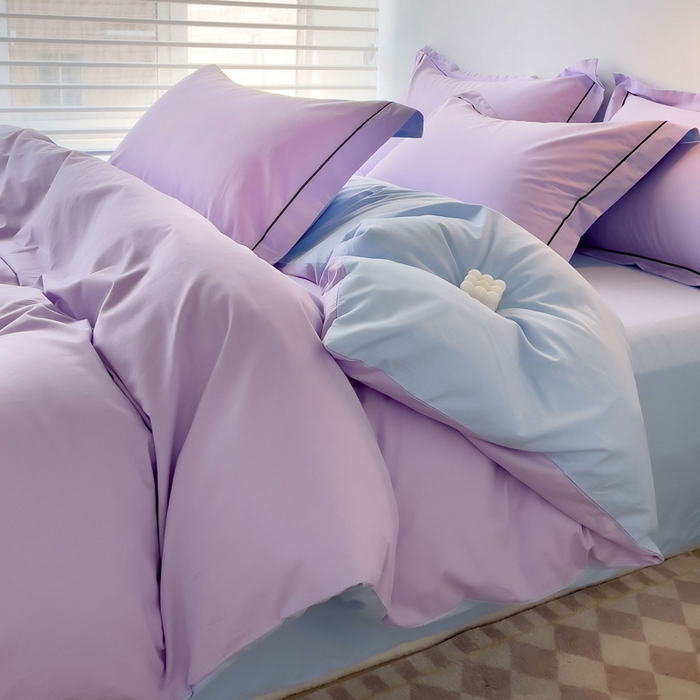 锦彩家居 2026新款40支正宗13372双拼纯色全棉四件套酒店宾馆民宿学生三件套（可定制）标准号的床单是圆角吊边；小号和加大的床单都是直角 浅紫-天蓝