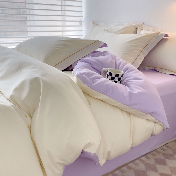 91家纺网 家纺一手货源 找家纺 锦彩家居 2026新款40支正宗13372双拼纯色全棉四件套酒店宾馆民宿学生三件套（可定制）标准号的床单是圆角吊边；小号和加大的床单都是直角 奶昔白-浅紫