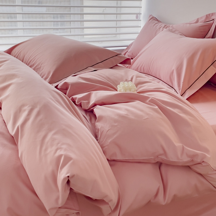 91家纺网 家纺一手货源 找家纺 锦彩家居 2026新款40支正宗13372双拼纯色全棉四件套酒店宾馆民宿学生三件套（可定制）标准号的床单是圆角吊边；小号和加大的床单都是直角 浅豆沙