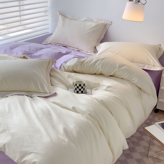 91家纺网 家纺一手货源 找家纺 锦彩家居 2026新款40支正宗13372双拼纯色全棉四件套酒店宾馆民宿学生三件套（可定制）标准号的床单是圆角吊边；小号和加大的床单都是直角 奶昔白-浅紫