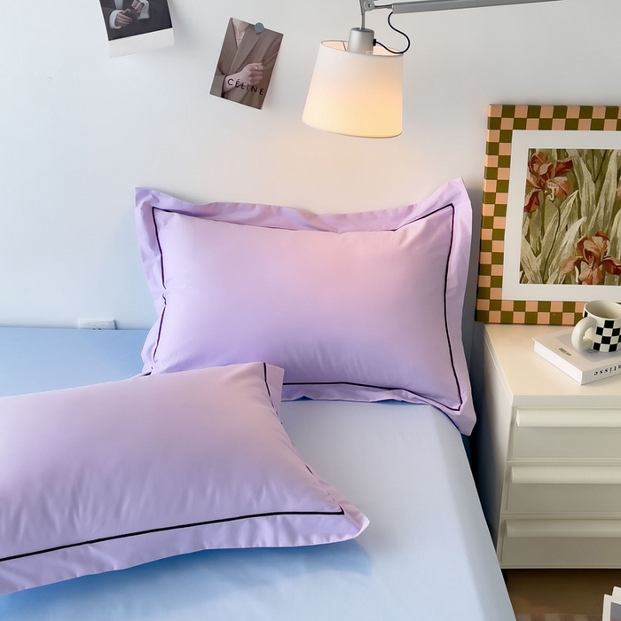 91家纺网 家纺一手货源 找家纺 锦彩家居 2026新款40支正宗13372双拼纯色全棉四件套酒店宾馆民宿学生三件套（可定制）标准号的床单是圆角吊边；小号和加大的床单都是直角 浅紫-天蓝