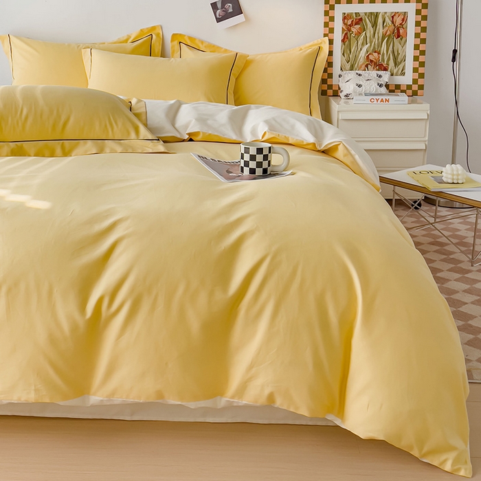 91家纺网 家纺一手货源 找家纺 锦彩家居 2026新款40支正宗13372双拼纯色全棉四件套酒店宾馆民宿学生三件套（可定制）标准号的床单是圆角吊边；小号和加大的床单都是直角 初黄-奶昔白
