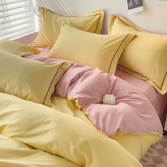 91家纺网 家纺一手货源 找家纺 锦彩家居 2026新款40支正宗13372双拼纯色全棉四件套酒店宾馆民宿学生三件套（可定制）标准号的床单是圆角吊边；小号和加大的床单都是直角 初黄-浅豆沙