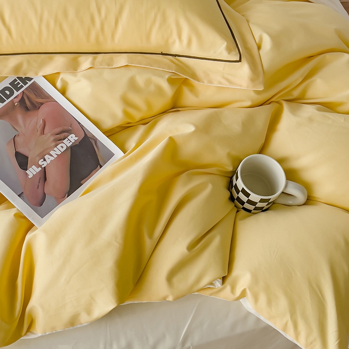 91家纺网 家纺一手货源 找家纺 锦彩家居 2026新款40支正宗13372双拼纯色全棉四件套酒店宾馆民宿学生三件套（可定制）标准号的床单是圆角吊边；小号和加大的床单都是直角 初黄-奶昔白