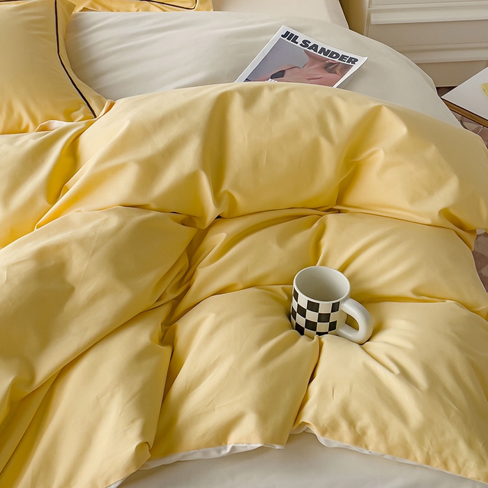 91家纺网 家纺一手货源 找家纺 锦彩家居 2026新款40支正宗13372双拼纯色全棉四件套酒店宾馆民宿学生三件套（可定制）标准号的床单是圆角吊边；小号和加大的床单都是直角 初黄-奶昔白