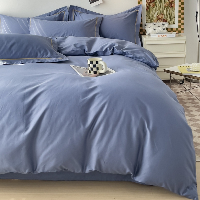 91家纺网 家纺一手货源 找家纺 锦彩家居 2026新款40支正宗13372双拼纯色全棉四件套酒店宾馆民宿学生三件套（可定制）标准号的床单是圆角吊边；小号和加大的床单都是直角 宾利蓝