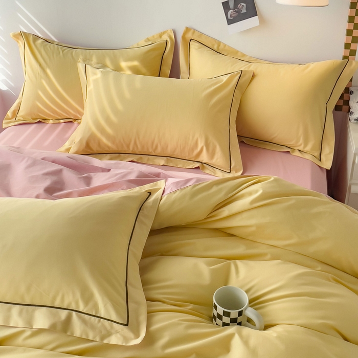 91家纺网 家纺一手货源 找家纺 锦彩家居 2026新款40支正宗13372双拼纯色全棉四件套酒店宾馆民宿学生三件套（可定制）标准号的床单是圆角吊边；小号和加大的床单都是直角 初黄-浅豆沙