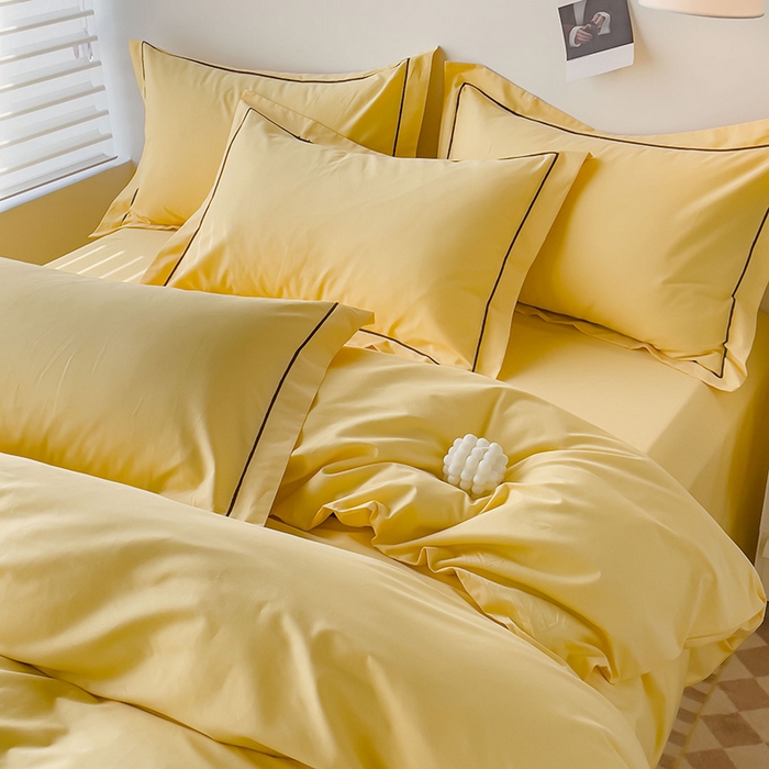 91家纺网 家纺一手货源 找家纺 锦彩家居 2026新款40支正宗13372双拼纯色全棉四件套酒店宾馆民宿学生三件套（可定制）标准号的床单是圆角吊边；小号和加大的床单都是直角 初黄