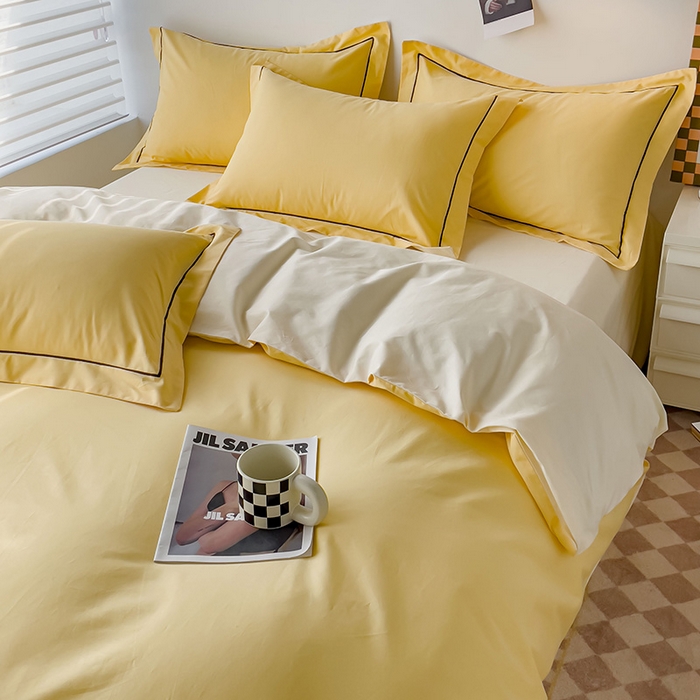 91家纺网 家纺一手货源 找家纺 锦彩家居 2026新款40支正宗13372双拼纯色全棉四件套酒店宾馆民宿学生三件套（可定制）标准号的床单是圆角吊边；小号和加大的床单都是直角 初黄-奶昔白