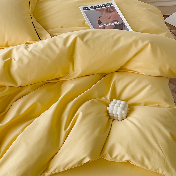 91家纺网 家纺一手货源 找家纺 锦彩家居 2026新款40支正宗13372双拼纯色全棉四件套酒店宾馆民宿学生三件套（可定制）标准号的床单是圆角吊边；小号和加大的床单都是直角 初黄