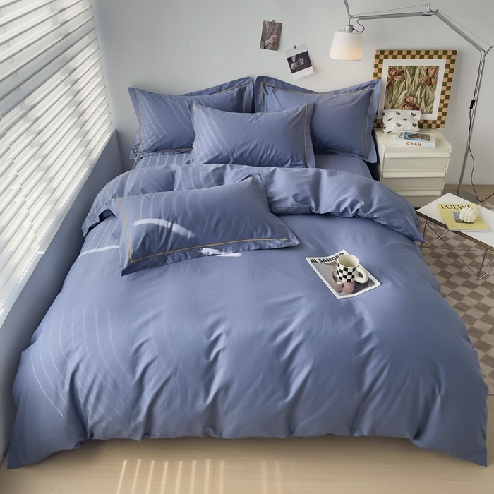 91家纺网 家纺一手货源 找家纺 锦彩家居 2026新款40支正宗13372双拼纯色全棉四件套酒店宾馆民宿学生三件套（可定制）标准号的床单是圆角吊边；小号和加大的床单都是直角 宾利蓝