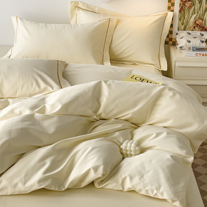 91家纺网 家纺一手货源 找家纺 锦彩家居 2026新款40支正宗13372双拼纯色全棉四件套酒店宾馆民宿学生三件套（可定制）标准号的床单是圆角吊边；小号和加大的床单都是直角 奶昔白