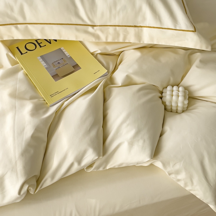 91家纺网 家纺一手货源 找家纺 锦彩家居 2026新款40支正宗13372双拼纯色全棉四件套酒店宾馆民宿学生三件套（可定制）标准号的床单是圆角吊边；小号和加大的床单都是直角 奶昔白