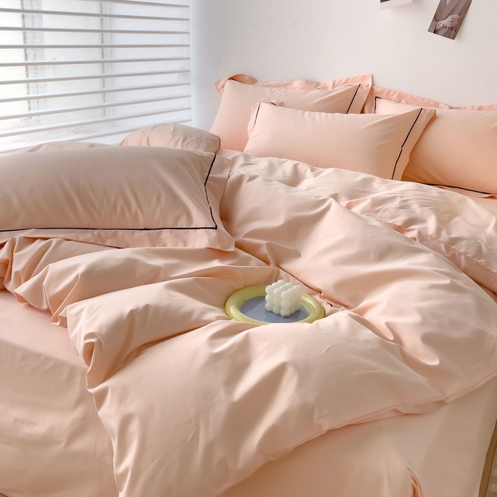 91家纺网 家纺一手货源 找家纺 锦彩家居 2026新款40支正宗13372双拼纯色全棉四件套酒店宾馆民宿学生三件套（可定制）标准号的床单是圆角吊边；小号和加大的床单都是直角 蜜桃粉