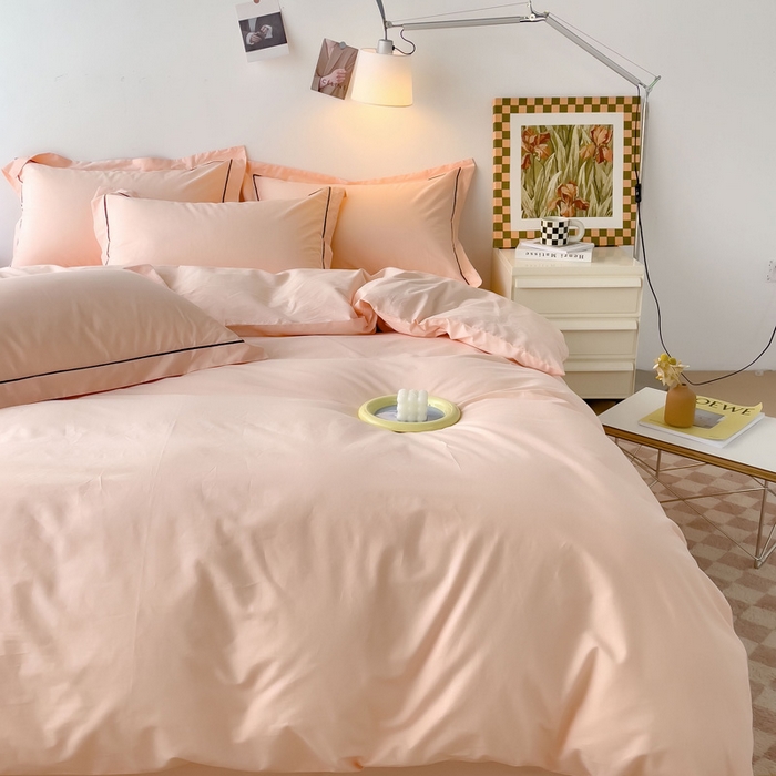 91家纺网 家纺一手货源 找家纺 锦彩家居 2026新款40支正宗13372双拼纯色全棉四件套酒店宾馆民宿学生三件套（可定制）标准号的床单是圆角吊边；小号和加大的床单都是直角 蜜桃粉