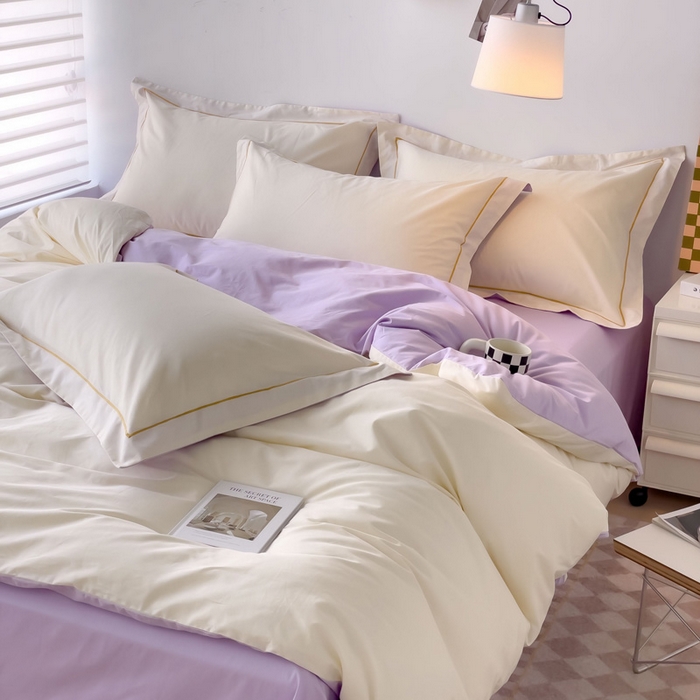 91家纺网 家纺一手货源 找家纺 锦彩家居 2026新款40支正宗13372双拼纯色全棉四件套酒店宾馆民宿学生三件套（可定制）标准号的床单是圆角吊边；小号和加大的床单都是直角 奶昔白-浅紫