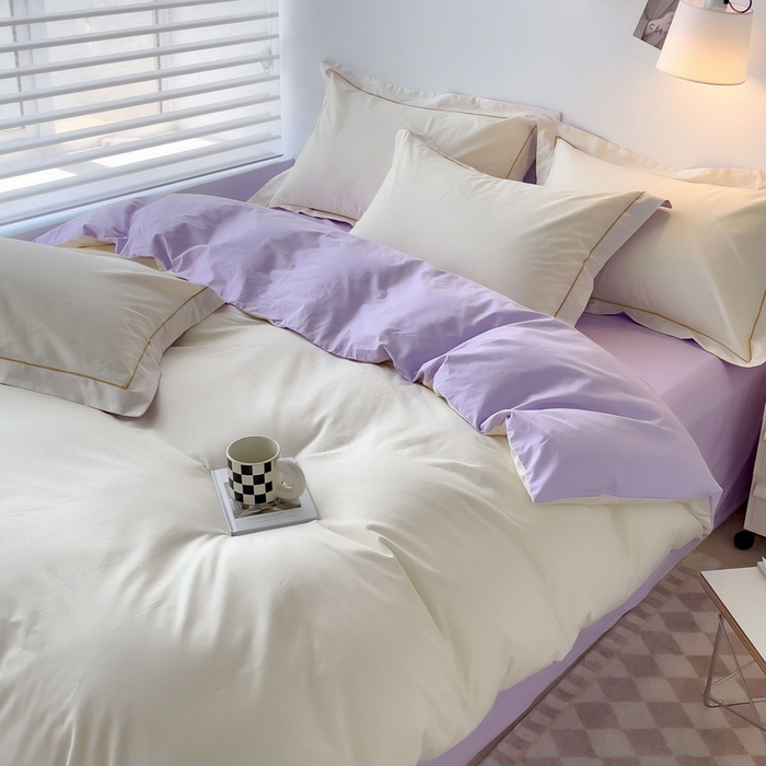 91家纺网 家纺一手货源 找家纺 锦彩家居 2026新款40支正宗13372双拼纯色全棉四件套酒店宾馆民宿学生三件套（可定制）标准号的床单是圆角吊边；小号和加大的床单都是直角 奶昔白-浅紫