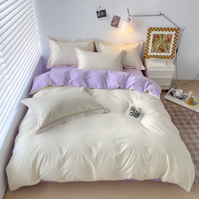 91家纺网 家纺一手货源 找家纺 锦彩家居 2026新款40支正宗13372双拼纯色全棉四件套酒店宾馆民宿学生三件套（可定制）标准号的床单是圆角吊边；小号和加大的床单都是直角 奶昔白-浅紫