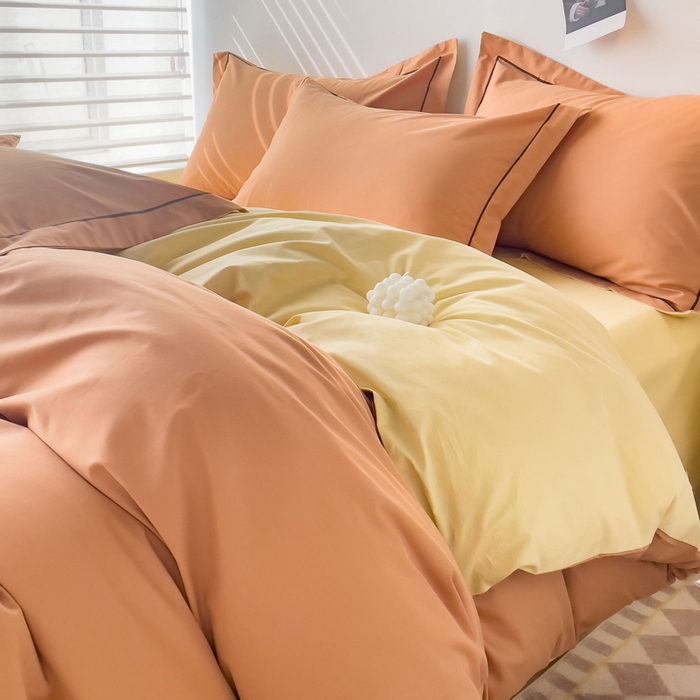 锦彩家居 2026新款40支正宗13372双拼纯色全棉四件套酒店宾馆民宿学生三件套（可定制）标准号的床单是圆角吊边；小号和加大的床单都是直角 南瓜橘-初黄