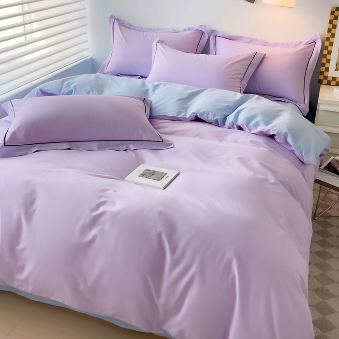 91家纺网 家纺一手货源 找家纺 锦彩家居 2026新款40支正宗13372双拼纯色全棉四件套酒店宾馆民宿学生三件套（可定制）标准号的床单是圆角吊边；小号和加大的床单都是直角 浅紫-天蓝