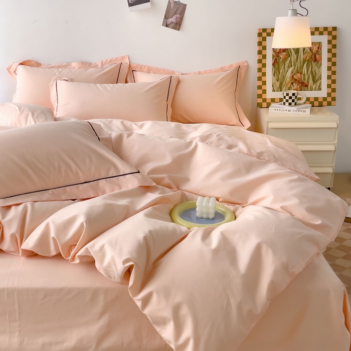 91家纺网 家纺一手货源 找家纺 锦彩家居 2026新款40支正宗13372双拼纯色全棉四件套酒店宾馆民宿学生三件套（可定制）标准号的床单是圆角吊边；小号和加大的床单都是直角 蜜桃粉