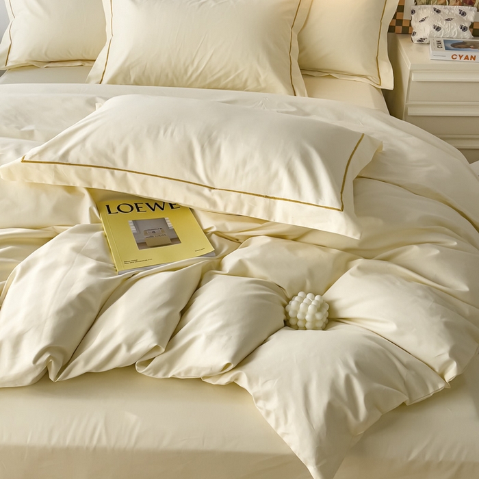 91家纺网 家纺一手货源 找家纺 锦彩家居 2026新款40支正宗13372双拼纯色全棉四件套酒店宾馆民宿学生三件套（可定制）标准号的床单是圆角吊边；小号和加大的床单都是直角 奶昔白