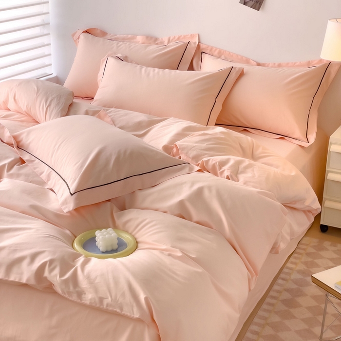91家纺网 家纺一手货源 找家纺 锦彩家居 2026新款40支正宗13372双拼纯色全棉四件套酒店宾馆民宿学生三件套（可定制）标准号的床单是圆角吊边；小号和加大的床单都是直角 蜜桃粉