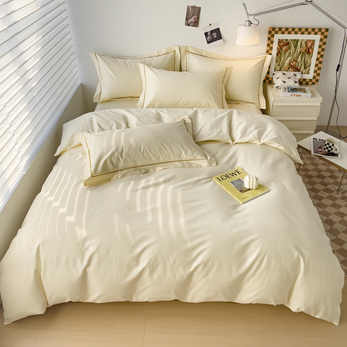 91家纺网 家纺一手货源 找家纺 锦彩家居 2026新款40支正宗13372双拼纯色全棉四件套酒店宾馆民宿学生三件套（可定制）标准号的床单是圆角吊边；小号和加大的床单都是直角 奶昔白