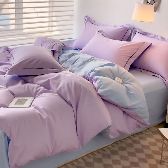 91家纺网 家纺一手货源 找家纺 锦彩家居 2026新款40支正宗13372双拼纯色全棉四件套酒店宾馆民宿学生三件套（可定制）标准号的床单是圆角吊边；小号和加大的床单都是直角 浅紫-天蓝