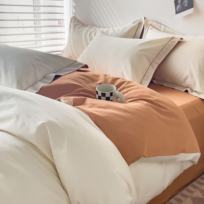 锦彩家居 2026新款40支正宗13372双拼纯色全棉四件套酒店宾馆民宿学生三件套（可定制）标准号的床单是圆角吊边；小号和加大的床单都是直角 奶昔白-南瓜橘