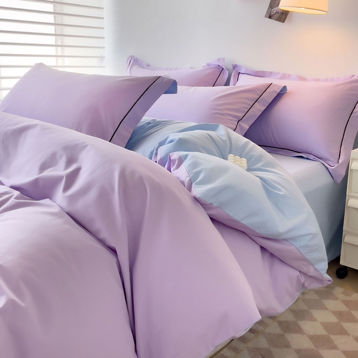 91家纺网 家纺一手货源 找家纺 锦彩家居 2026新款40支正宗13372双拼纯色全棉四件套酒店宾馆民宿学生三件套（可定制）标准号的床单是圆角吊边；小号和加大的床单都是直角 浅紫-天蓝