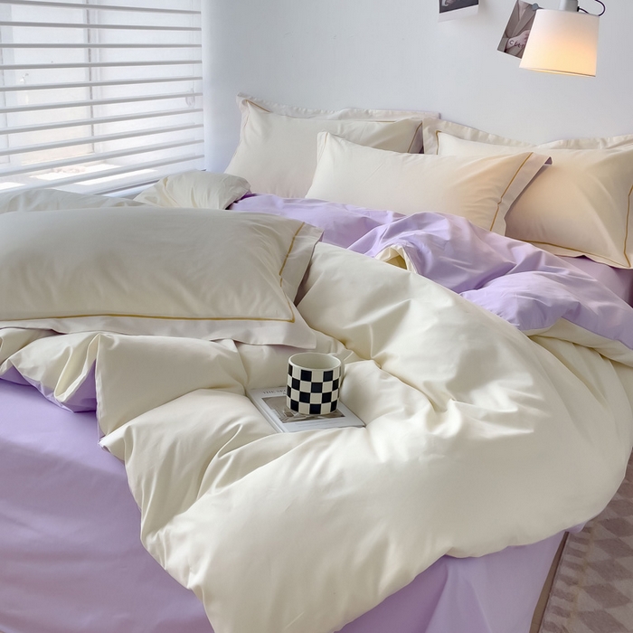 91家纺网 家纺一手货源 找家纺 锦彩家居 2026新款40支正宗13372双拼纯色全棉四件套酒店宾馆民宿学生三件套（可定制）标准号的床单是圆角吊边；小号和加大的床单都是直角 奶昔白-浅紫