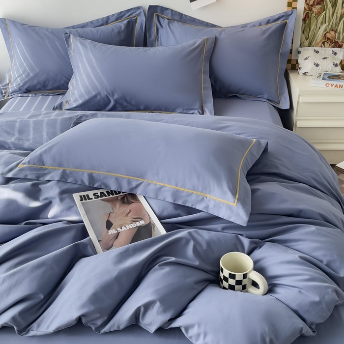 91家纺网 家纺一手货源 找家纺 锦彩家居 2026新款40支正宗13372双拼纯色全棉四件套酒店宾馆民宿学生三件套（可定制）标准号的床单是圆角吊边；小号和加大的床单都是直角 宾利蓝