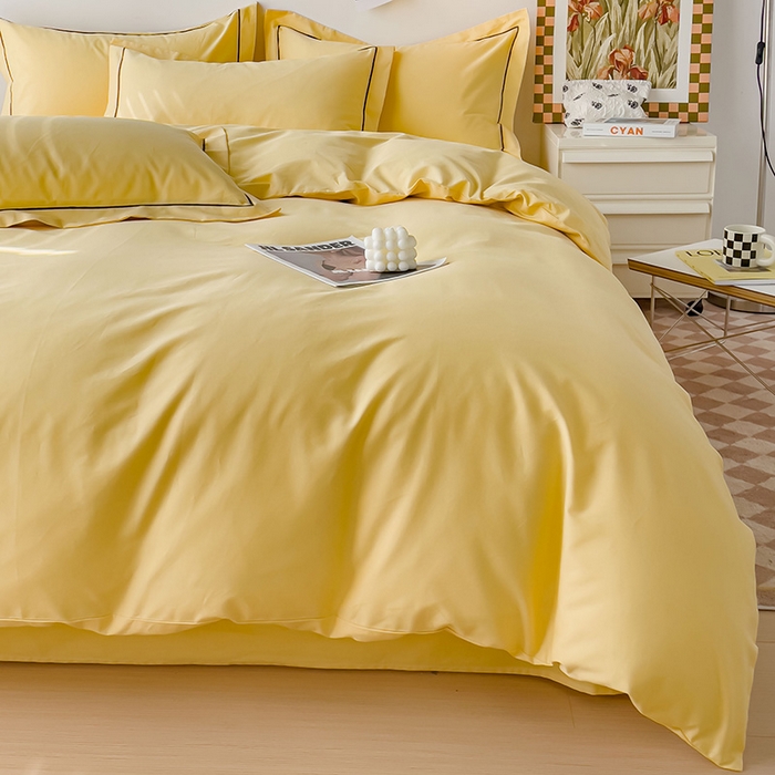 91家纺网 家纺一手货源 找家纺 锦彩家居 2026新款40支正宗13372双拼纯色全棉四件套酒店宾馆民宿学生三件套（可定制）标准号的床单是圆角吊边；小号和加大的床单都是直角 初黄