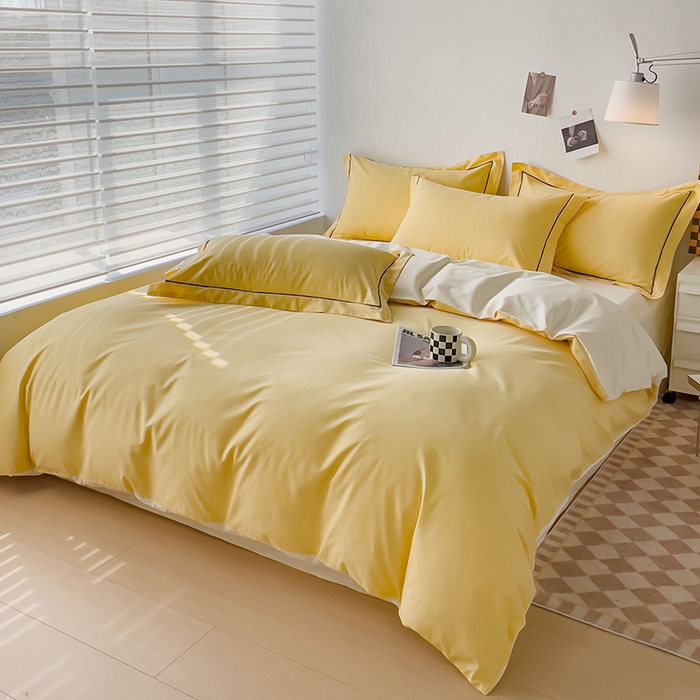 91家纺网 家纺一手货源 找家纺 锦彩家居 2026新款40支正宗13372双拼纯色全棉四件套酒店宾馆民宿学生三件套（可定制）标准号的床单是圆角吊边；小号和加大的床单都是直角 初黄-奶昔白