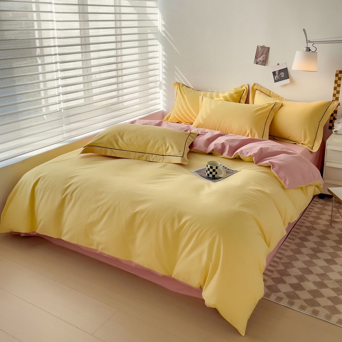 91家纺网 家纺一手货源 找家纺 锦彩家居 2026新款40支正宗13372双拼纯色全棉四件套酒店宾馆民宿学生三件套（可定制）标准号的床单是圆角吊边；小号和加大的床单都是直角 初黄-浅豆沙