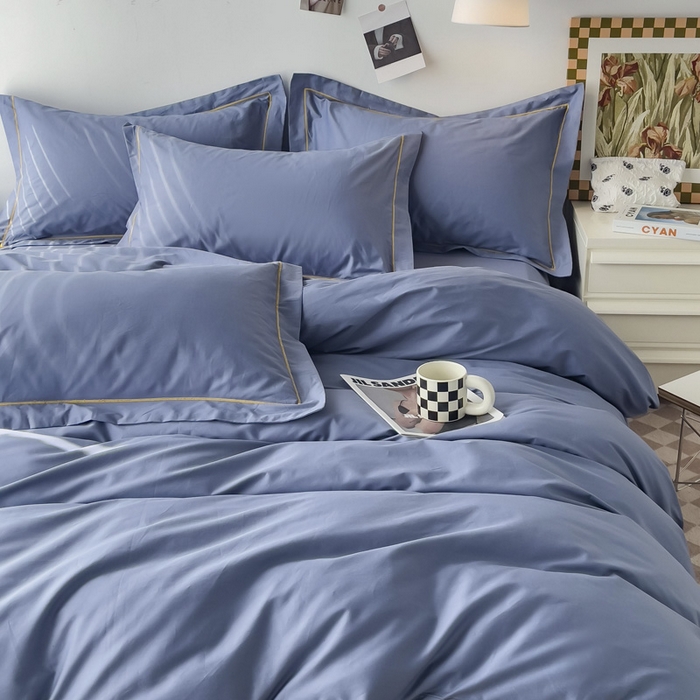 91家纺网 家纺一手货源 找家纺 锦彩家居 2026新款40支正宗13372双拼纯色全棉四件套酒店宾馆民宿学生三件套（可定制）标准号的床单是圆角吊边；小号和加大的床单都是直角 宾利蓝