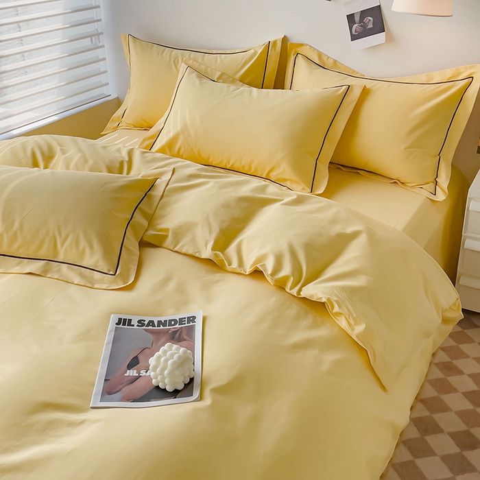 91家纺网 家纺一手货源 找家纺 锦彩家居 2026新款40支正宗13372双拼纯色全棉四件套酒店宾馆民宿学生三件套（可定制）标准号的床单是圆角吊边；小号和加大的床单都是直角 初黄