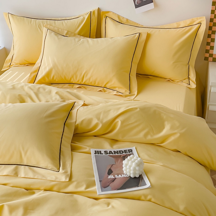 91家纺网 家纺一手货源 找家纺 锦彩家居 2026新款40支正宗13372双拼纯色全棉四件套酒店宾馆民宿学生三件套（可定制）标准号的床单是圆角吊边；小号和加大的床单都是直角 初黄