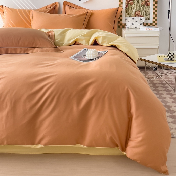 91家纺网 家纺一手货源 找家纺 锦彩家居 2026新款40支正宗13372双拼纯色全棉四件套酒店宾馆民宿学生三件套（可定制）标准号的床单是圆角吊边；小号和加大的床单都是直角 南瓜橘-初黄