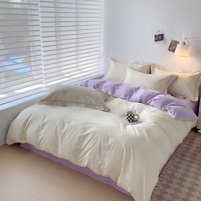 91家纺网 家纺一手货源 找家纺 锦彩家居 2026新款40支正宗13372双拼纯色全棉四件套酒店宾馆民宿学生三件套（可定制）标准号的床单是圆角吊边；小号和加大的床单都是直角 奶昔白-浅紫