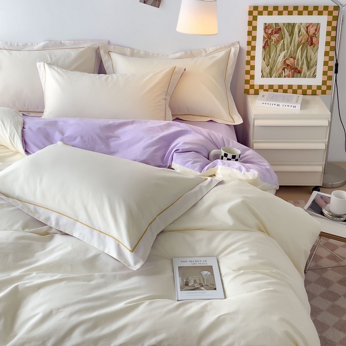 91家纺网 家纺一手货源 找家纺 锦彩家居 2026新款40支正宗13372双拼纯色全棉四件套酒店宾馆民宿学生三件套（可定制）标准号的床单是圆角吊边；小号和加大的床单都是直角 奶昔白-浅紫