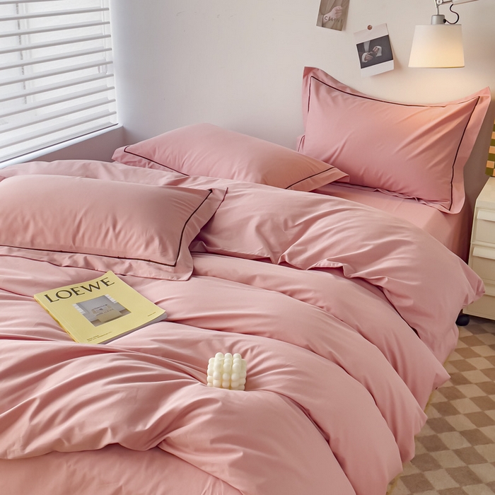 91家纺网 家纺一手货源 找家纺 锦彩家居 2026新款40支正宗13372双拼纯色全棉四件套酒店宾馆民宿学生三件套（可定制）标准号的床单是圆角吊边；小号和加大的床单都是直角 浅豆沙