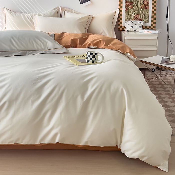 91家纺网 家纺一手货源 找家纺 锦彩家居 2026新款40支正宗13372双拼纯色全棉四件套酒店宾馆民宿学生三件套（可定制）标准号的床单是圆角吊边；小号和加大的床单都是直角 奶昔白-南瓜橘