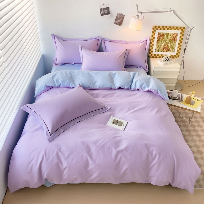 91家纺网 家纺一手货源 找家纺 锦彩家居 2026新款40支正宗13372双拼纯色全棉四件套酒店宾馆民宿学生三件套（可定制）标准号的床单是圆角吊边；小号和加大的床单都是直角 浅紫-天蓝