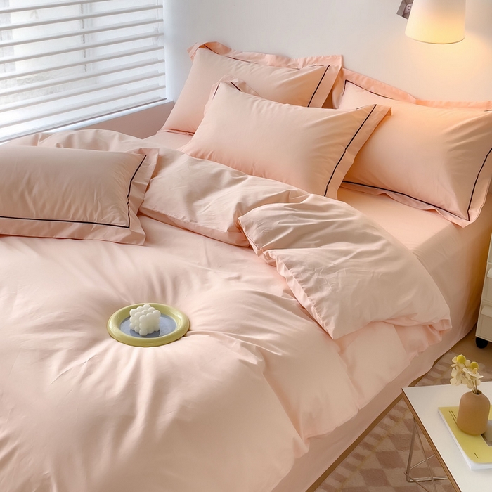 91家纺网 家纺一手货源 找家纺 锦彩家居 2026新款40支正宗13372双拼纯色全棉四件套酒店宾馆民宿学生三件套（可定制）标准号的床单是圆角吊边；小号和加大的床单都是直角 蜜桃粉