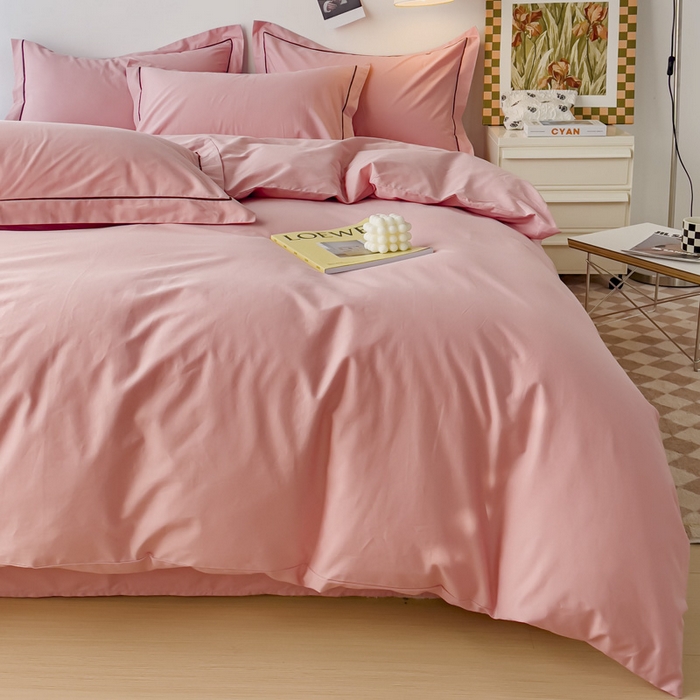 91家纺网 家纺一手货源 找家纺 锦彩家居 2026新款40支正宗13372双拼纯色全棉四件套酒店宾馆民宿学生三件套（可定制）标准号的床单是圆角吊边；小号和加大的床单都是直角 浅豆沙