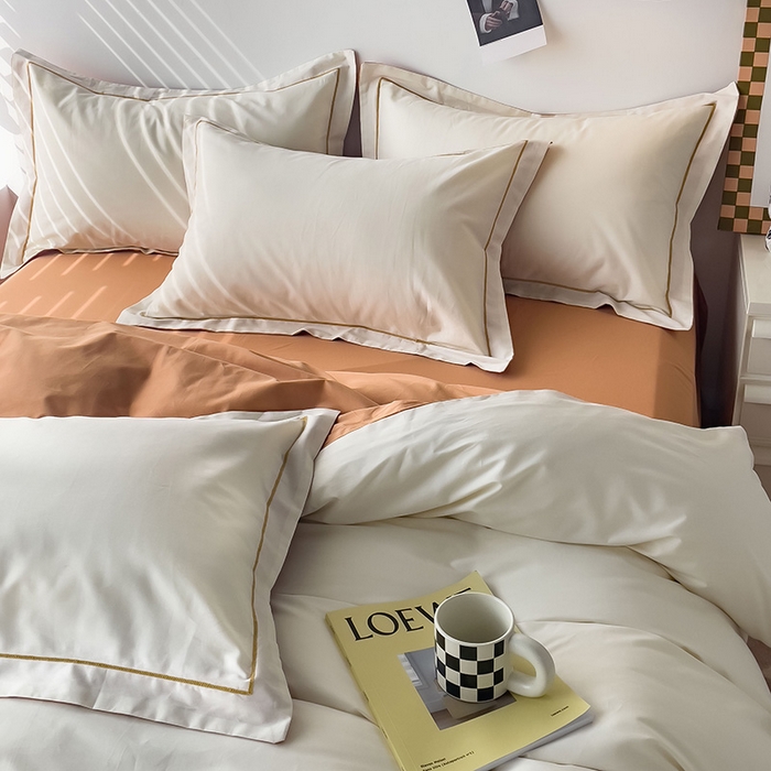 91家纺网 家纺一手货源 找家纺 锦彩家居 2026新款40支正宗13372双拼纯色全棉四件套酒店宾馆民宿学生三件套（可定制）标准号的床单是圆角吊边；小号和加大的床单都是直角 奶昔白-南瓜橘