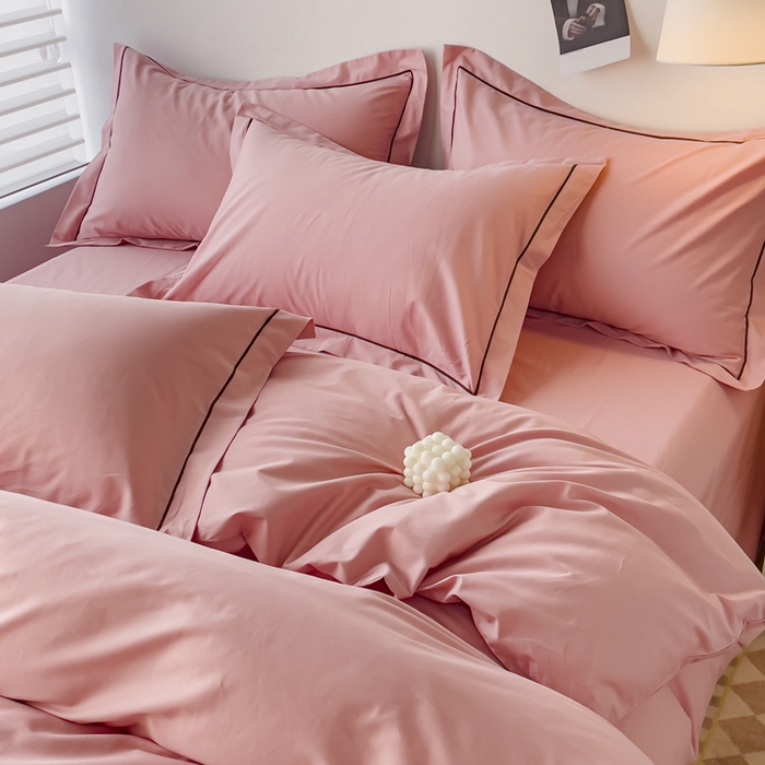 91家纺网 家纺一手货源 找家纺 锦彩家居 2026新款40支正宗13372双拼纯色全棉四件套酒店宾馆民宿学生三件套（可定制）标准号的床单是圆角吊边；小号和加大的床单都是直角 浅豆沙